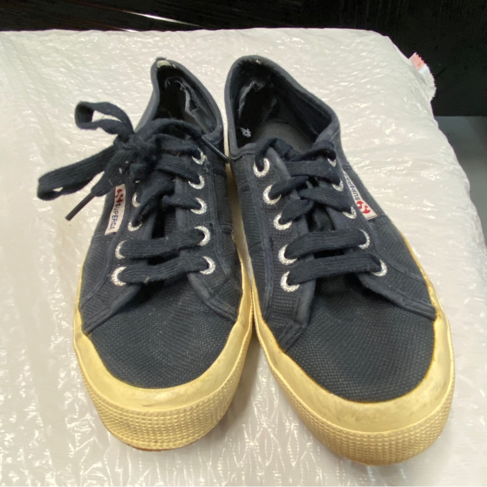 Superga Navy Canvas Sneakers with Yellow Sole | Size 7.5
